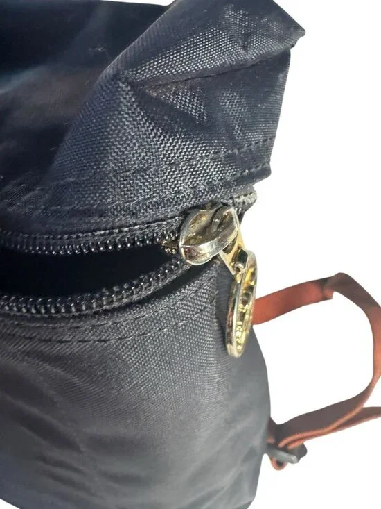 Longchamp Le Pliage Mini Backpack Black Canvas Brown Leather Flap - Picture 13 of 15